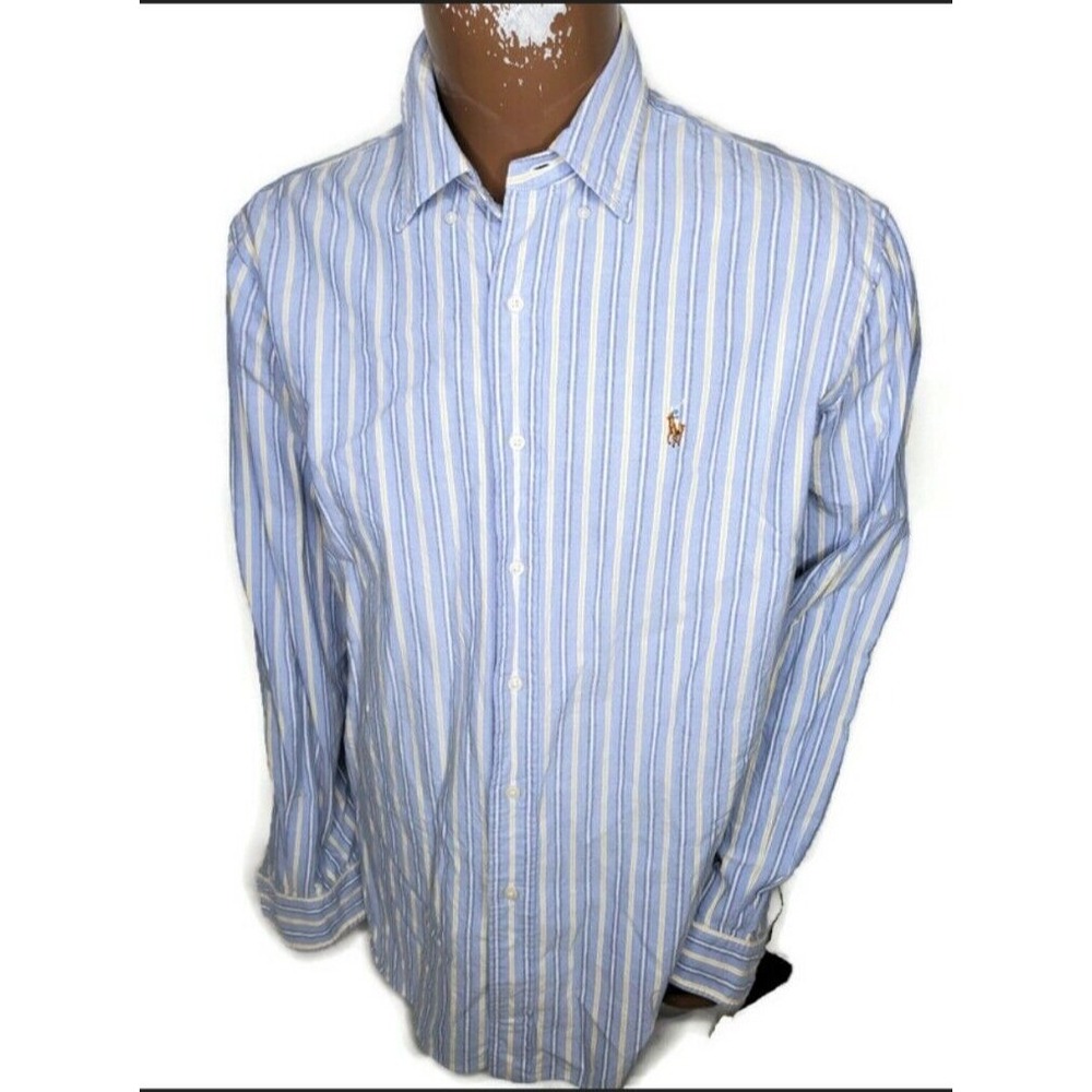 Ralph Lauren Classic Fit Mens XL Shirt Blue Yellow Striped Cotton Oxford L/S